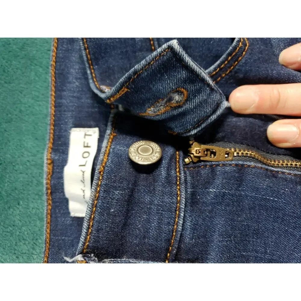 Loft Jeans Size 00 Petite Women Blue Pants Stretch Fray Hem Mid Rise Slim flared